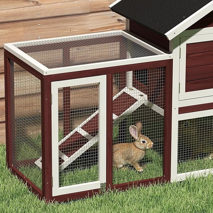 PawHut 49" Wooden Rabbit Hutch Bunny Cage with Waterproof Asphalt Roof, Fun Outdoor Run, Removable Tray and Ramp, for Rabbits, Chickens, Ducks, Brown