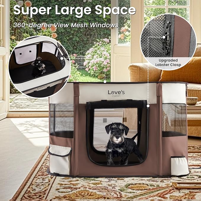 Love's cabin Pet Puppy Dog Playpen, Small Dog Tent Crates Cage Indoor/Outdoor, Portable Exercise Playpen for Cat, Foldable Pop Up Dog Kennel Playpen with Carring Case (S, Brown)