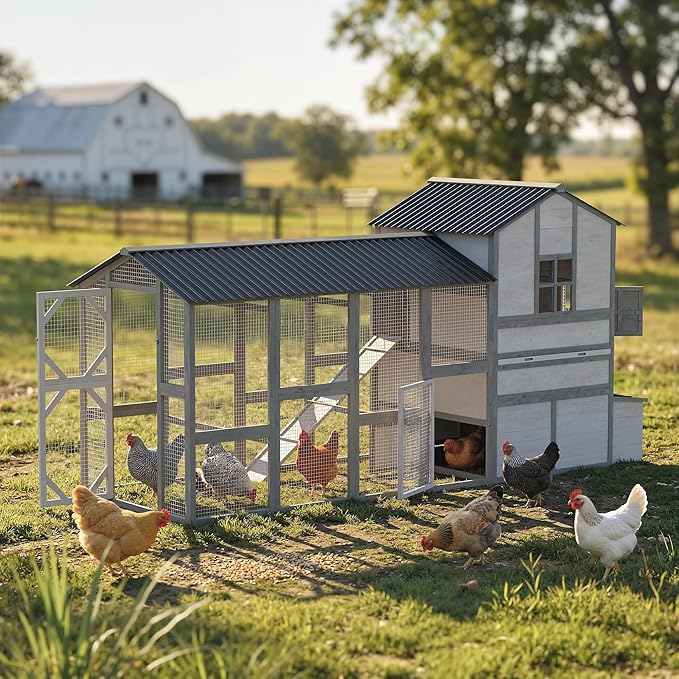 PawHut 147" Extra Large Chicken Coop, Wooden Hen House for 8-10 Hens, Outdoor Chicken House Poultry Hutch with Run, Pull-Out Tray, Nesting Box, Ventilated Windows, Ramp for Rabbit Duck, Gray