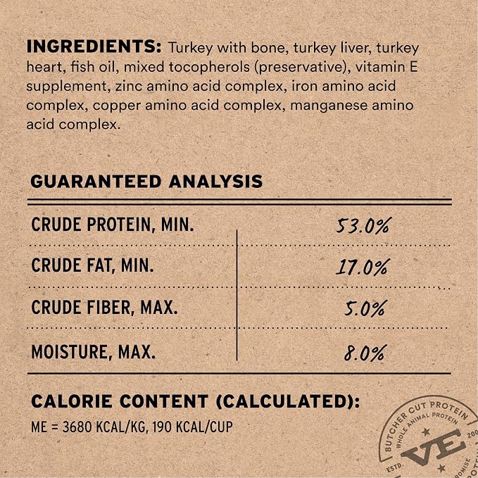 Vital Essentials Freeze Dried Dog Food, Raw Turkey Crunchy Mini Nibs | Complete Meal or Topper | 96% Turkey, Organs & Bone | Limited Ingredient, High Protein, Grain Free Dry Dog Food | 25 oz Bag
