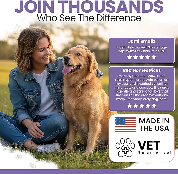 Chew + Heal Labs Hypochlorous Acid Lotion for Dogs – 4oz Dog Wound Spray for Cuts, Burns, Sores, Abrasions, and More – Non Toxic and Chemical Free Hot Spot Lotion – Made in the USA