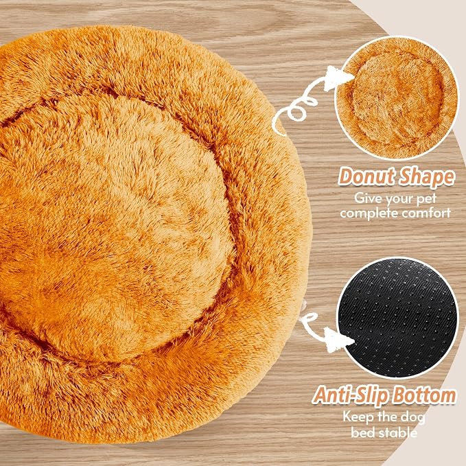 JOLLYVOGUE Calming Dog Bed Medium Size Dog, Anti-Anxiety Donut Medium Pet Bed, 27 inches Fluffy Faux Fur Round Cat Bed (Orange)
