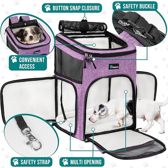 PetAmi Dog Backpack Carrier, Airline Approved 4-Way Entry Cat Backpack Carrier, Ventilated Mesh, Collapsible Pet Carrier for Small Puppy, Kitten, Hiking, Travel Car, Vet, up to 18 lbs, Purple