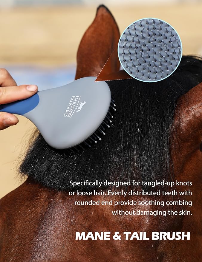 Harrison Howard Horse Grooming Kit 9 Piece with Tote, Non-Slip Silicone Grip Brush Set for Horses, Shedding Bathing Daily Care, Beginner Friendly Deep Blue
