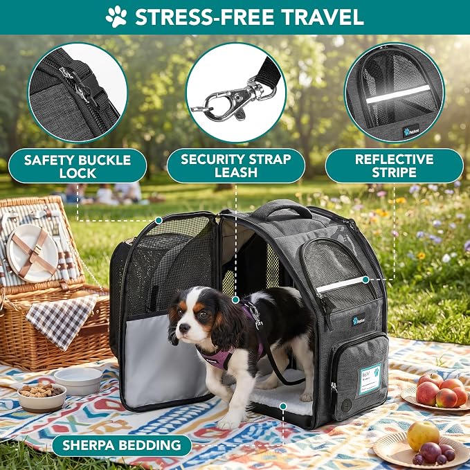 PetAmi Expandable Dog Backpack Carrier for Cats & Pets, Breathable Cat Carrier Backpack with Top Window & Multi-Entry, Ventilated Foldable Travel Carrier for Small Medium Pets up to 18 lbs, Dark Gray