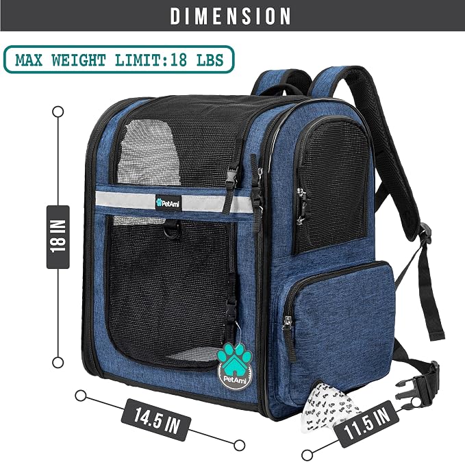 PetAmi Dog Backpack Carrier for Cats, 4-Way Entry Ventilated, 18 lbs, Blue | Sherpa Bed Included, Foldable Load-In Top, Safety Reflective Strap, Breathable Mesh, Poop Bag Dispenser, Padded Back Support