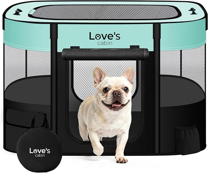 Love's Cabin Medium Dog Tent Crate, Portable Foldable Pop Up Dog Kennel Playpen with Carrying Case (Green)