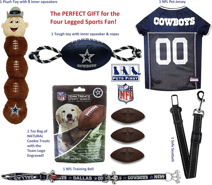 NFL Dallas Cowboys PET GIFT BOX with 2 Licensed DOG TOYS, 1 Logo-engraved NATURAL DOG TREAT, 1 NFL JERSEY, 1 NFL Puppy Training Bells & 1 Car Seatbelt