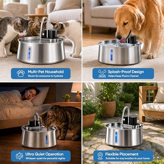 Selene Dog Water Fountain, 4L Stainless Steel Dog Water Fountain with Visual Water Level, Super Quiet Dog Water Bowl, 5-Stage Filtration Pet Water Dispenser, Easy to Clean (4L)