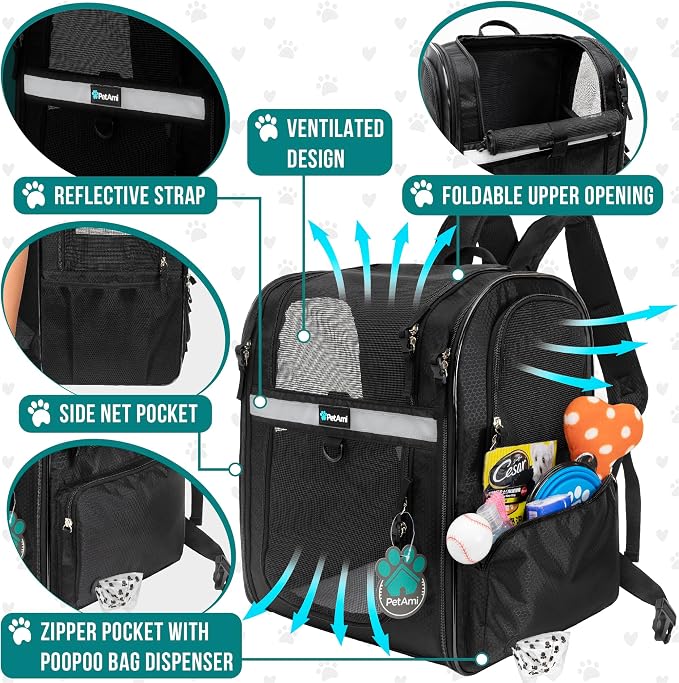 PetAmi Dog Backpack Carrier for Cats, 4-Way Entry Ventilated, 18 lbs, Black | Sherpa Bed Included, Foldable Load-In Top, Safety Reflective Strap, Breathable Mesh, Poop Bag Dispenser, Padded Back Support