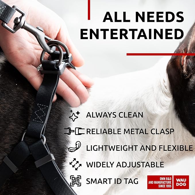 WAUDOG Waterproof Harness - Adjustable for Large, Small and Medium Dogs - Heavy Duty with Durable Metal Clasp and QR Tag - Boy & Girl - Black (24-35in)