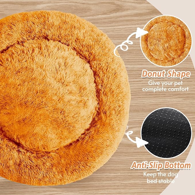 JOLLYVOGUE Calming Dog Beds Large Sized Dog, 36in Donut Washable Large Pet Bed, Anti-Slip & Anti-Anxiety Fluffy Faux Fur Round Dogs Bed, Fits up to 80 lbs Pets (Orange)