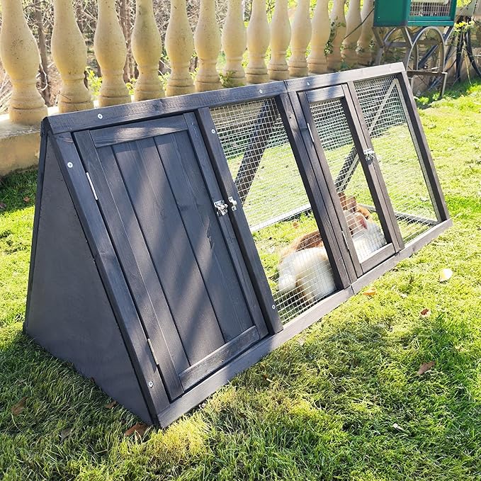 Rabbit Hutch Outdoor Chicken Coop Wooden A-Frame Small Animal Cage Quail Cage w/Chicken Run & Ventilated Wire Fence Suitable for Garden Backyard Farms 47 x 18 x 19.5 in (Grey)