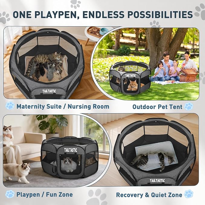 Large Cat Playpen for Multiple Cats, Extra Spacious Pet Tent Playground, Portable Dog Exercise Pen with Room for Toys & Bed, Indoor/Outdoor Enclosure for 2-3 Pets (Dark Grey, Large)