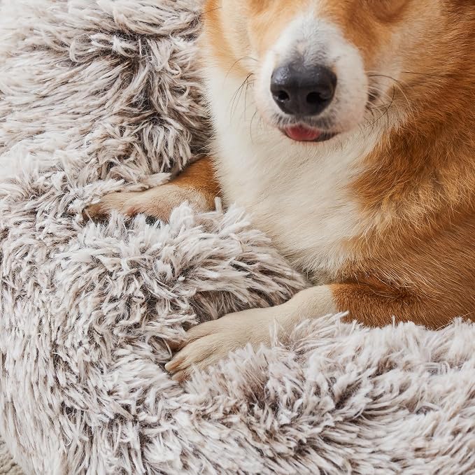 Western Home Calming Donut Small Dog Cat Bed Washable Puppy Bed,24" | Fluffy Faux Fur Round Cuddler,Anti-Anxiety,Anti-Slip Bottom,Pet Beds for Puppy&Small Dog&Large Cat,Up to 25 LBS White Khaki