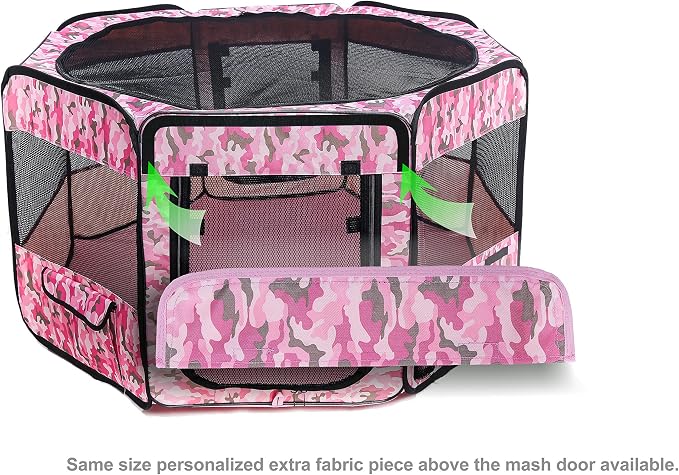Pawer 45”×24” 8-Panel Foldable Pet Playpen, Pink Camouflage Pattern, Personalize Fabric Piece Available, for Cat/Dog/Puppy, 600D Oxford Cloth Portable Indoor & Outdoor Kennel with Carry Bag