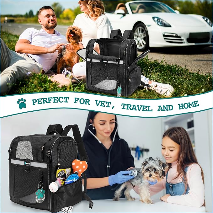 PetAmi Dog Backpack Carrier for Cats, 4-Way Entry Ventilated, 18 lbs, Black | Sherpa Bed Included, Foldable Load-In Top, Safety Reflective Strap, Breathable Mesh, Poop Bag Dispenser, Padded Back Support