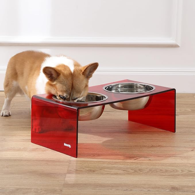 DBL2001H Keaton 7.5" Medium/Large Modern Acrylic Rectangular Elevated Pet Feeder with 54oz 2-Stainless Steel Bowls, Red/Chrome