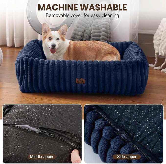 Dog Bed Medium Size Dog, Rectangle Orthopedic Pet Bed for Car and Indoor, Comfort Fluffy Memory Foam Dog Beds with Anti-Slip Bottom,30 x24 x9 Inches,Navy