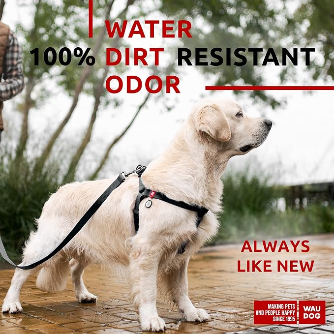 WAUDOG Waterproof Harness - Adjustable for Large, Small and Medium Dogs - Heavy Duty with Durable Metal Clasp and QR Tag - Boy & Girl - Black (24-35in)