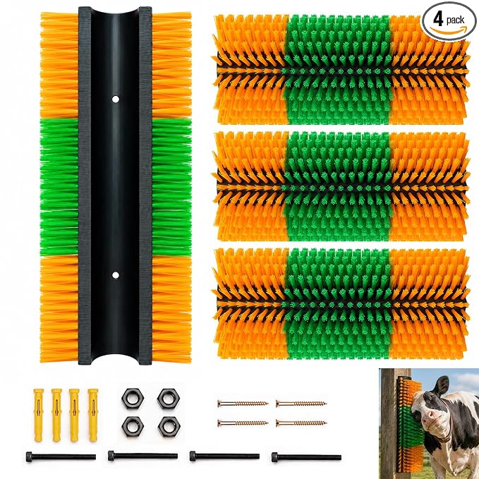 Livestock Scratching Brush, 4-Pack-Grooming Posts for Cows, Horses, Goats and Pigs with 8 Screws, Help Relieve Discomfort in Livestock and Prevent Damage to Fences