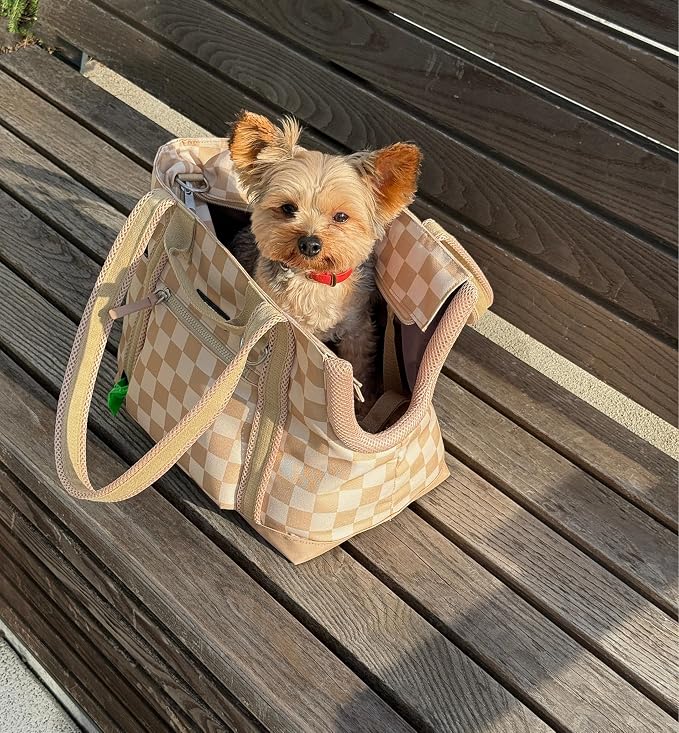 Transit Tote Dog Carrier for Small Dogs Under 8 lbs, 16x11x8 Soft-Sided 4-Pc Set with Waterproof Base, Plush Insert, Food Pouch, Mesh Head Opening - Small, Checkerboard