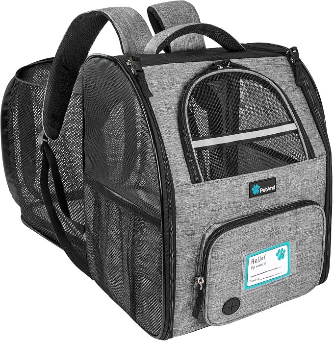 PetAmi Expandable Dog Backpack Carrier for Cats & Pets, Breathable Cat Carrier Backpack with Top Window & Multi-Entry, Ventilated Foldable Travel Carrier for Small Medium Pets up to 18 lbs, Light Gray