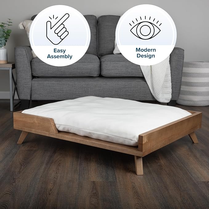 PETMAKER Elevated Dog Bed for Medium to Large Pets, Natural, 36” x 29.5” | Indoor Medium Dog Bed with Solid Wood Frame and Soft Cushion, Mid-Century Modern Raised Pet Furniture
