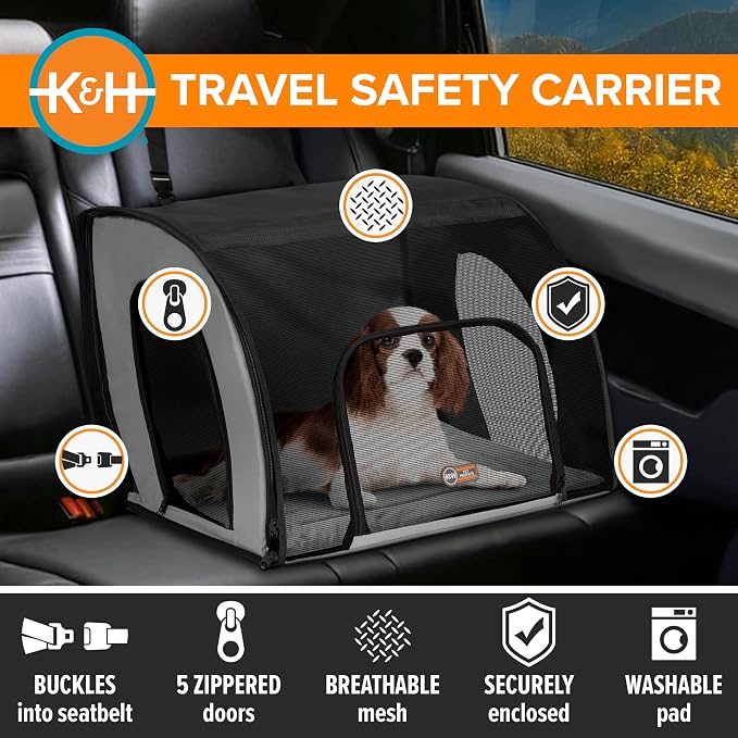 K&H Dog Car Seat, Travel Safety Carrier for Pets, Medium, Gray/Black | Enclosed Car Seat for Dogs, Soft-Sided Covered Pet Carrier, Washable Pad, Multiple Entrances, Mesh Windows, 24x19x17in