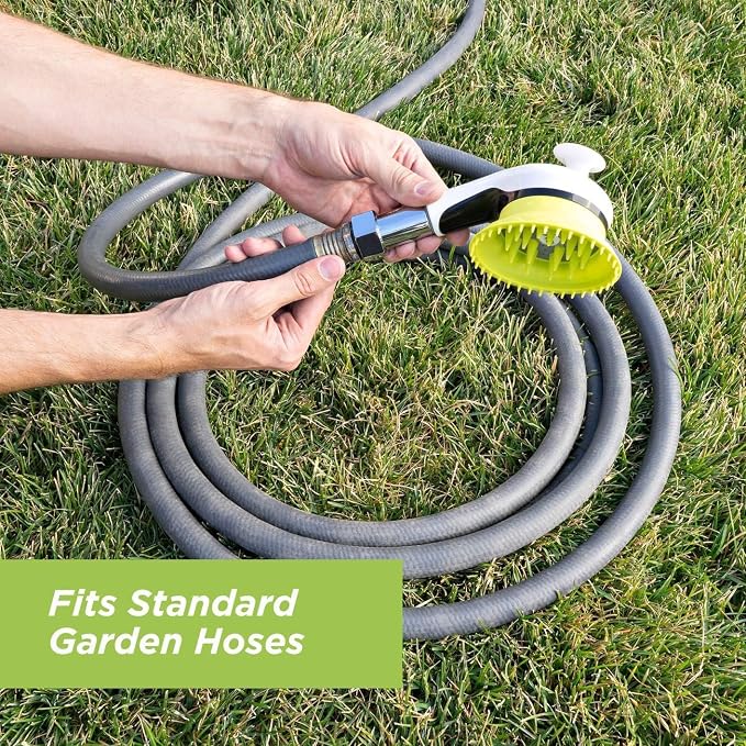 Outdoor Dog Wash Garden Hose Nozzle for Bath and Quick Paw Rinses. Splash Shield Handle and Rubber Grooming Brush. Metal Connection. Swivels on Hose with Water Pressure Control.