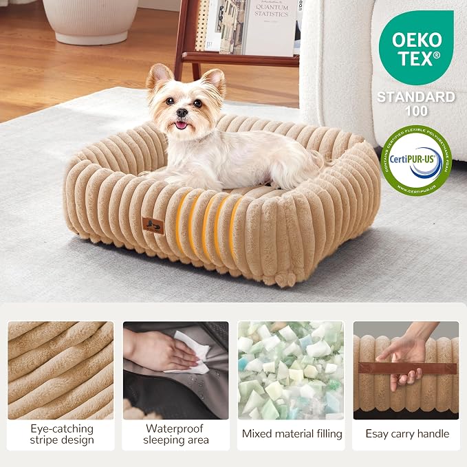 Cute Dog Bed for Small Dogs & Cats,Washable Fluffy Cat Beds for Indoor Cats, Rectangle Orthopedic Memory Foam Puppy Beds with Anti-Slip Bottom, 20 x19 x 7 Inches, Camel