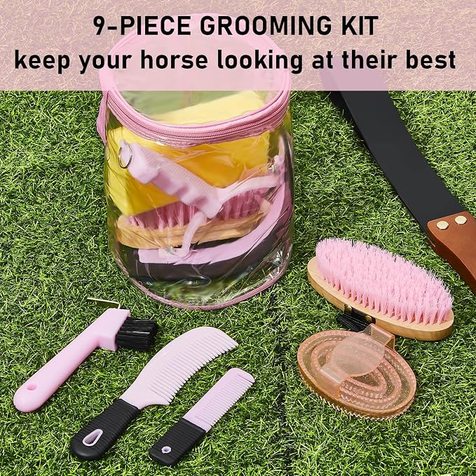 Cunhill 9 Pcs Horse Grooming Kit Tack Room Supplies Set with Tote Bag, Oval Massage Curry, Hard and Soft Brush, Hoof Pick, Sweat Scraper, Bathing Sponge, Comb for Horse Rider(Cute,Pink)