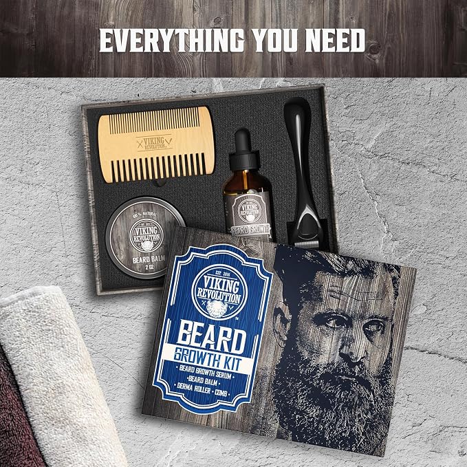 Viking Revolution Beard Growth Kit - 4 Products Included | Advanced Growth Formulation - Balm (2oz), Serum (2fl oz), Derma Roller & Wooden Comb for Beard & Mustache Growth