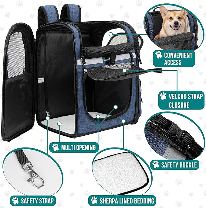 PetAmi Dog Backpack Carrier for Cats, 4-Way Entry Ventilated, 18 lbs, Blue | Sherpa Bed Included, Foldable Load-In Top, Safety Reflective Strap, Breathable Mesh, Poop Bag Dispenser, Padded Back Support