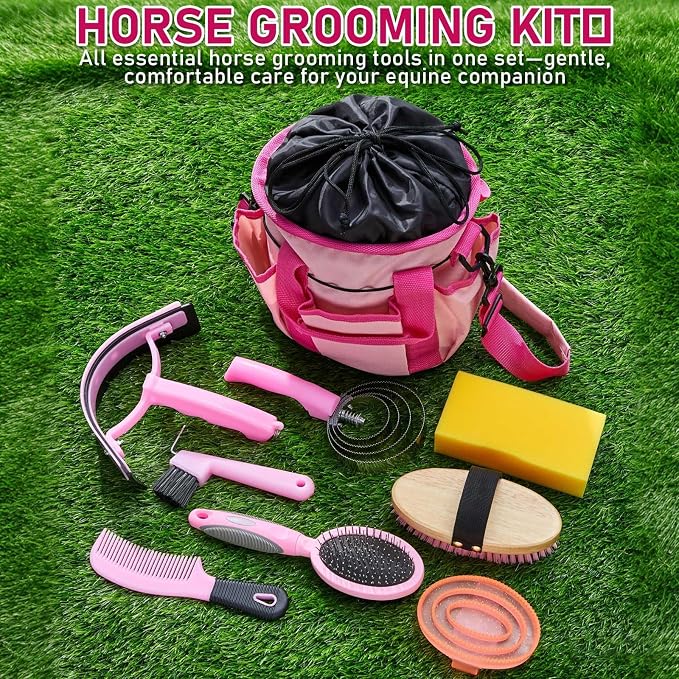Cunhill 9 Pcs Horse Grooming Kit Tack Room Supplies Set with Tote Bag, Oval Massage Curry, Hard and Soft Brush, Hoof Pick, Sweat Scraper, Bathing Sponge, Comb for Horse Rider(Classic,Pink)