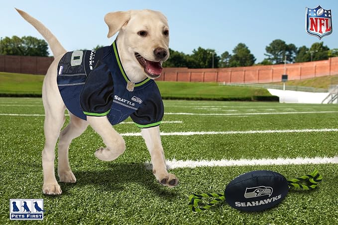 NFL Seattle Seahawks PET GIFT BOX with 2 Licensed DOG TOYS, 1 Logo-engraved NATURAL DOG TREAT, 1 NFL JERSEY, 1 NFL Puppy Training Bells & 1 Car Seatbelt