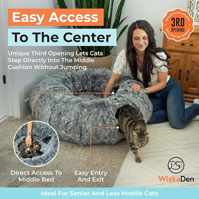 WiskaDen XL Plush Cat Tunnel Bed with Toy and Elderly Feline Access. 3-in-1 Dark Grey Fluffy Donut Cushion. Circle Tube for Indoor Cats Leisure, Hiding Spot, Dog Bed, or Rabbit Cave
