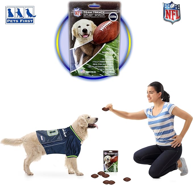 NFL Seattle Seahawks PET GIFT BOX with 2 Licensed DOG TOYS, 1 Logo-engraved NATURAL DOG TREAT, 1 NFL JERSEY, 1 NFL Puppy Training Bells & 1 Car Seatbelt