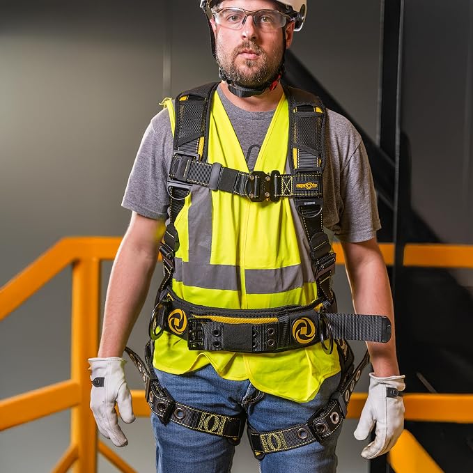 Guardian 21030 Cyclone Construction Harness with Waist Pad | Side D-Rings|OSHA & ANSI Compliant | Black/Yellow | M-L