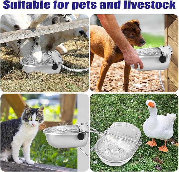 ToLanbbt 2PCS Automatic Animal Dispenser Horse Water Bowl with Float Valve Stainless Steel Goat Waterer Feeder Outside Water Trough for Livestock Auto Fill Dog Water Bowl with 1/2" Hose, Drainage Hole