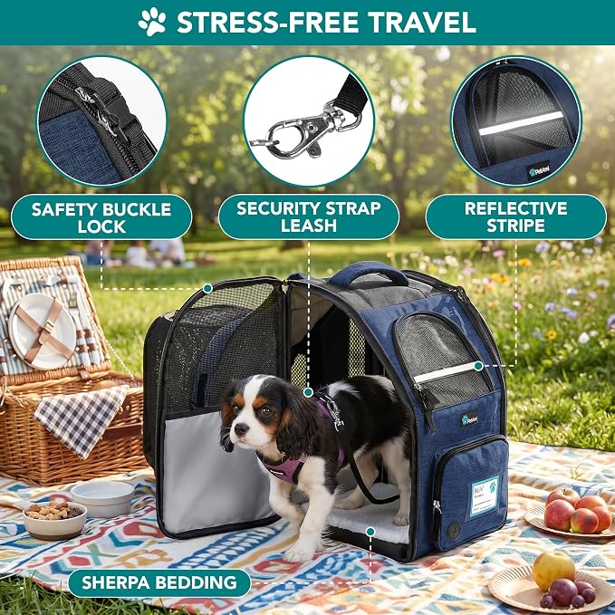 PetAmi Expandable Dog Backpack Carrier for Cats & Pets, Breathable Cat Carrier Backpack with Top Window & Multi-Entry, Ventilated Foldable Travel Carrier for Small Medium Pets up to 18 lbs, Navy