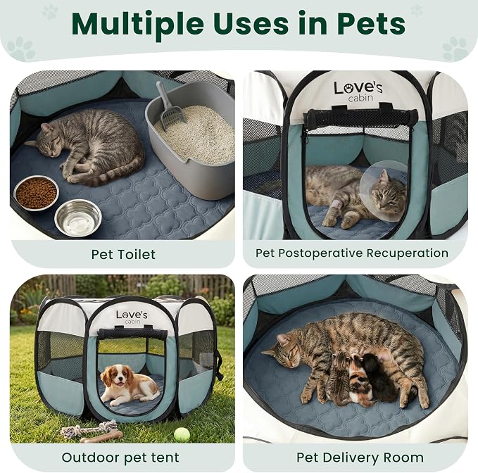 Love's cabin Dog Playpen with Washable Pee Pad, Puppy Pet Cat Playpen Small Dogs Tent Crate Indoor/Outdoor, Portable Pop Up Kennel with Carrying Case for Cats/Rabbits(Moss Green,Small with pad)