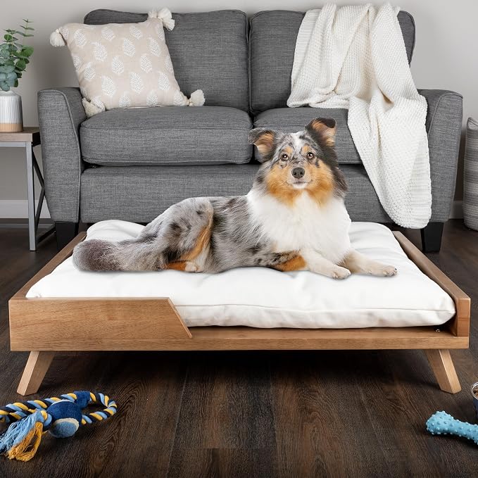 PETMAKER Elevated Dog Bed for Medium to Large Pets, Natural, 36” x 29.5” | Indoor Medium Dog Bed with Solid Wood Frame and Soft Cushion, Mid-Century Modern Raised Pet Furniture
