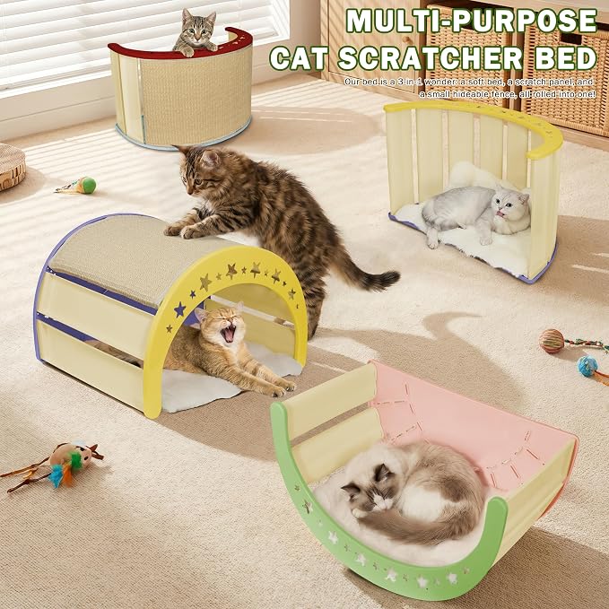 Cat Scratcher Bed, 3 in 1 Design-Bed, Scratcher, Hideaway Cave | with Elevated Sisal Pad & Reversible Fleece Mat,Sturdy HDPE Lounge for Indoor Cats, Tool-Free 30s Assembly, Supports 30 lbs