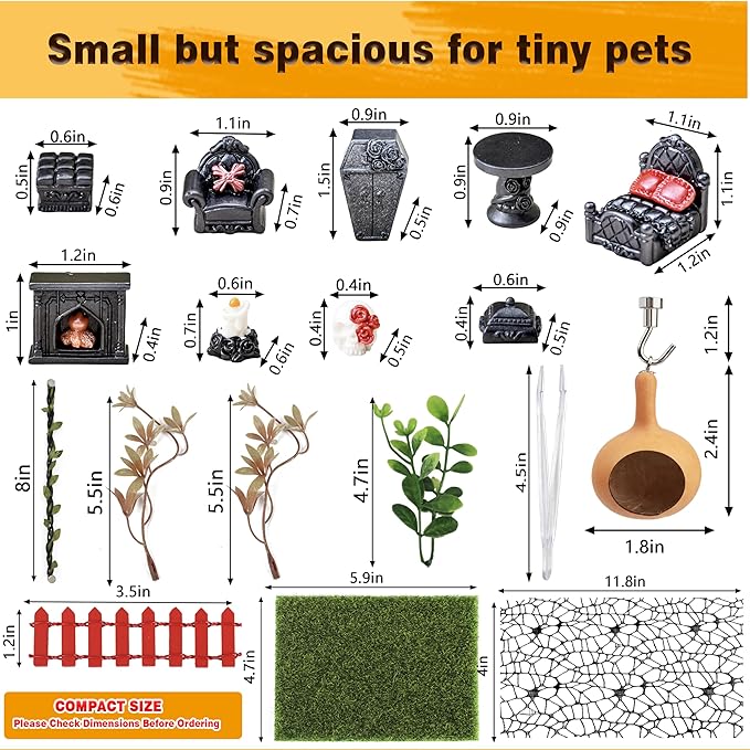 19-in-1 Jumping Spider Enclosure Accessories Kit, Terrarium Decor Set with Furniture, Plants, Hideouts, Moss, Climbing Rope & Net for Tarantula Habitat (No Glue/Enclosure)