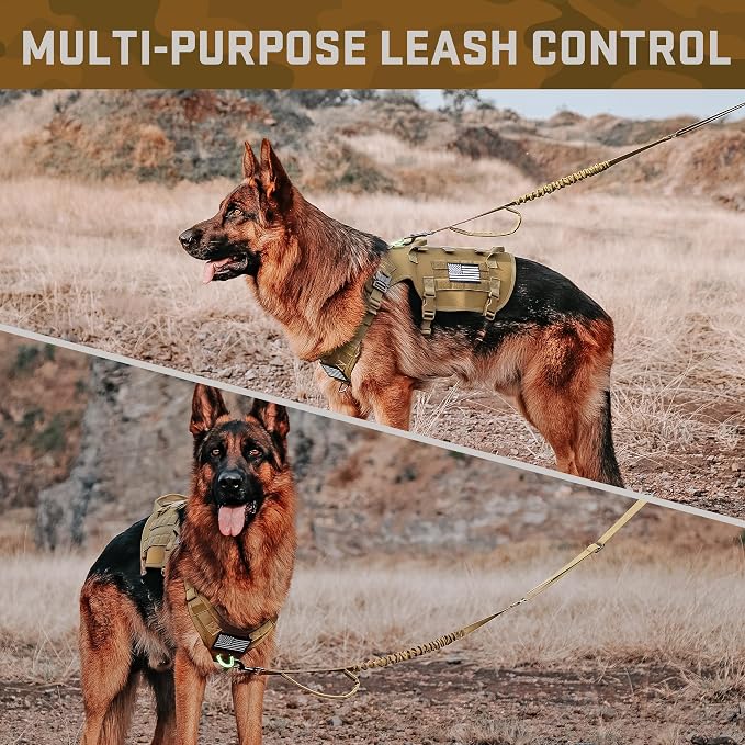 Forestpaw Tactical Dog Harness Tactical Dog Collar with Bungee Leash Set,No Pull Military Dog Harness for Walking Training,Adjustable for Medium Dogs,Khaki,Chest 17-25"
