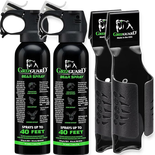 Bear Spray W/Holster 40 ft Range, Maximum Strength, EPA-Registered Spray for Bears, Mountain Lions, Coyotes, Dogs, & Moose, Outdoor Hiking & Camping Protection, Glow Safety, 7.9 oz 2 Pack