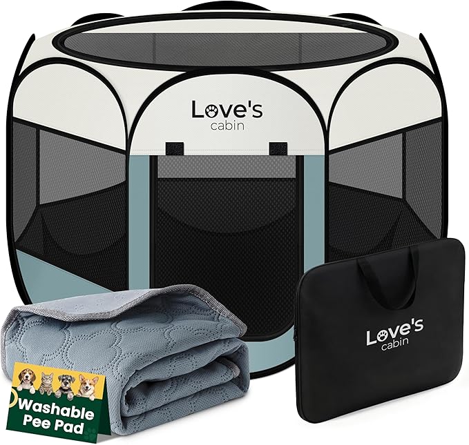 Love's cabin Dog Playpen with Washable Pee Pad, Puppy Pet Cat Playpen Small Dogs Tent Crate Indoor/Outdoor, Portable Pop Up Kennel with Carrying Case for Cats/Rabbits(Moss Green,Small with pad)