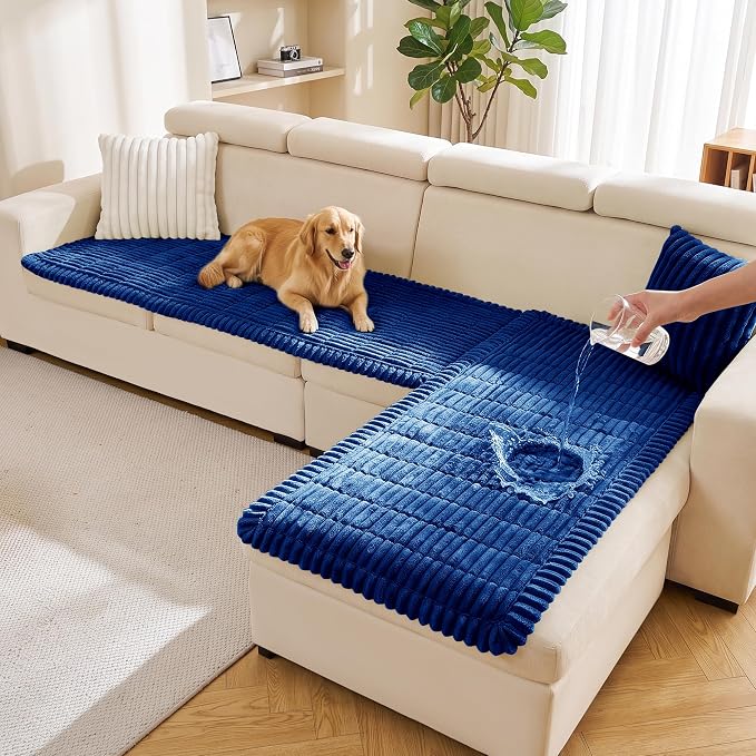 FUANGUI 2 Pack Waterproof Couch Cover for Dogs Pets Sofa Protector | Non-Slip Washable Fuzzy Soft Sofa Slipcover for 2 PCS L Shaped Sofa Pet Friendly, 27.6" x 59.1"+27.6" x 70.9", Navy Blue