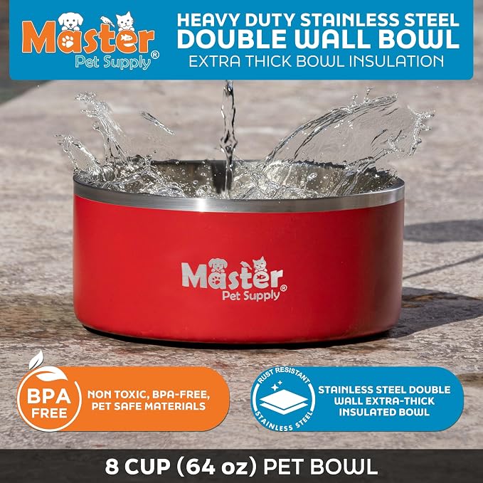 Master Pet Supply Stainless Steel Dog Bowls - 64 oz, Heavy Duty - Crimson Flame, Double Wall Extra-Thick Insulated, Non-Slip Pet Water Bowl for Dogs, Cats & Pets, Anti Rust Metal, Dish Washer Safe